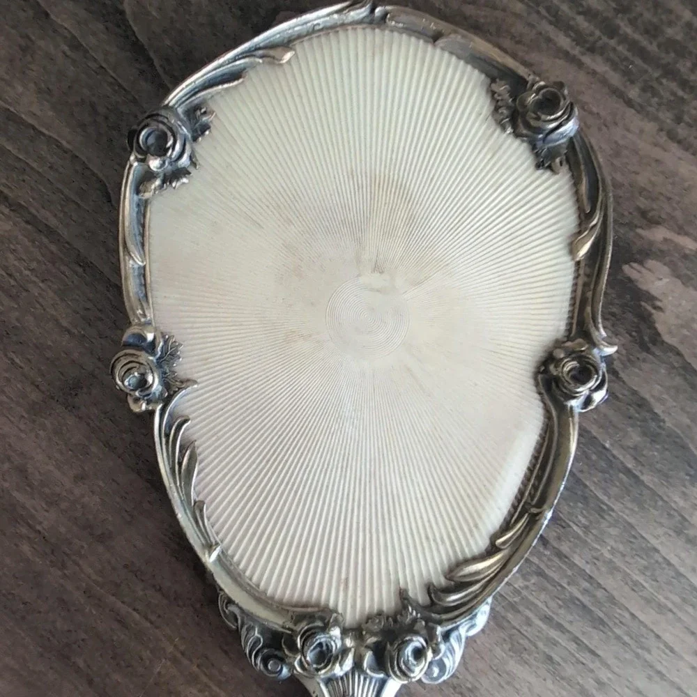 Large Vintage Art Nouveau Hand Mirror Ornate Rose Floral Silver Gold Tone Vanity